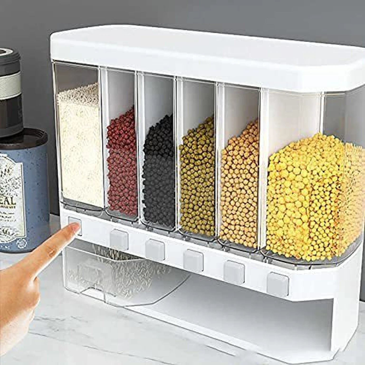 Wall-Mounted Dry Food Dispenser 6-Grid Cereal Dispensers Kitchen Food Storage Container, Grain For Kitchen, Home, Plastic, Transparent