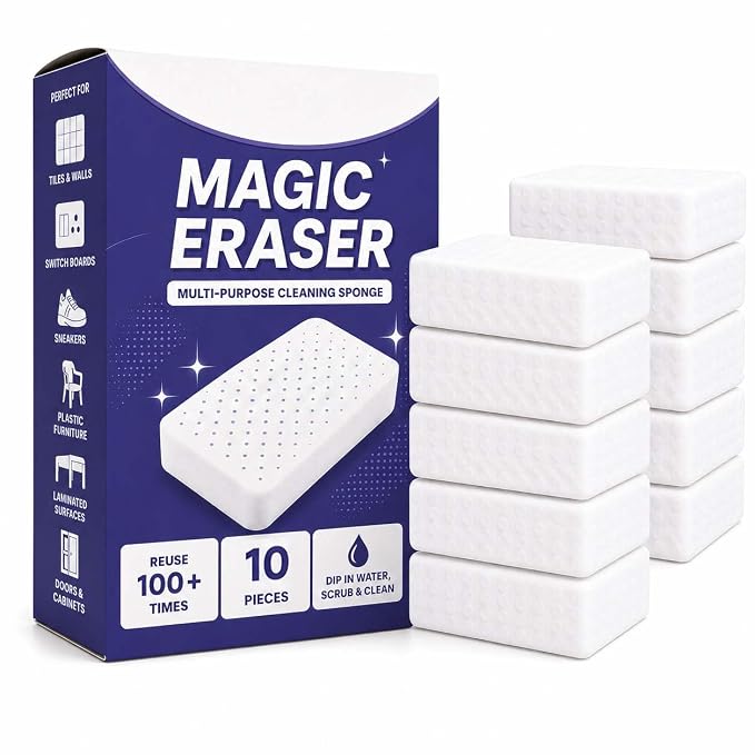 Magic Eraser Cleaning Sponge | Pack of 4 | Powerful Multi-Purpose Stain Remover | No Chemicals Required | Effortlessly Cleans Walls, Kitchens, Bathrooms, Shoes, Switch Boards & More