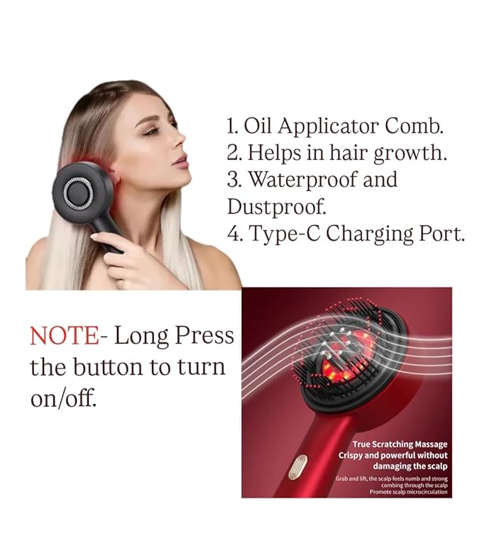 Head Scalp Electric Massager Comb | Scalp Massaging Brush with 2 In 1 Hair Oil Applicator | IPX7 Waterproof,Portable Deep Massager For Hair & Head Relaxation at Home | Shiatsu Massage for Hair Growth/Stress Relax(RED)