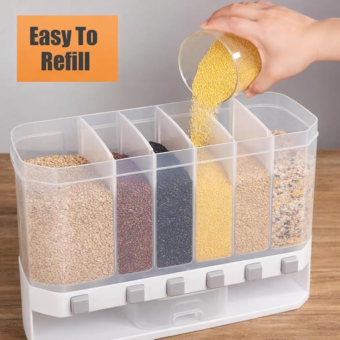 Wall-Mounted Dry Food Dispenser 6-Grid Cereal Dispensers Kitchen Food Storage Container, Grain For Kitchen, Home, Plastic, Transparent