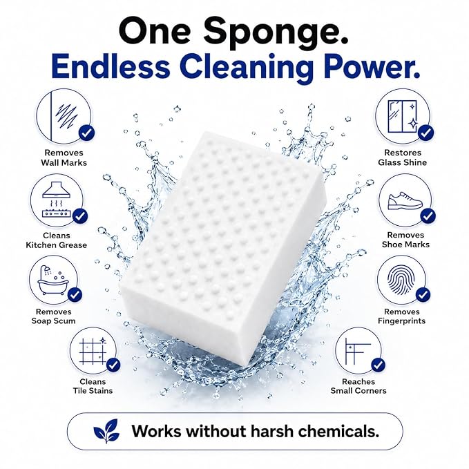 Magic Eraser Cleaning Sponge | Pack of 4 | Powerful Multi-Purpose Stain Remover | No Chemicals Required | Effortlessly Cleans Walls, Kitchens, Bathrooms, Shoes, Switch Boards & More
