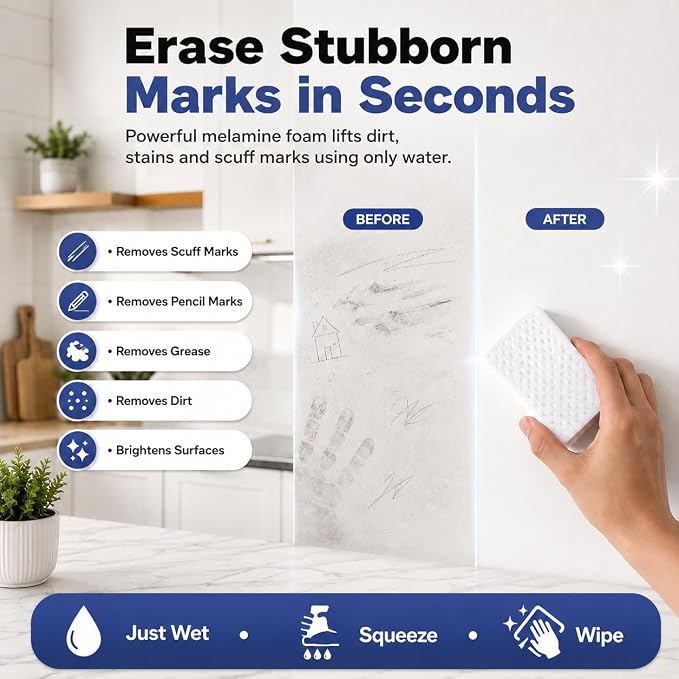 Magic Eraser Cleaning Sponge | Pack of 4 | Powerful Multi-Purpose Stain Remover | No Chemicals Required | Effortlessly Cleans Walls, Kitchens, Bathrooms, Shoes, Switch Boards & More
