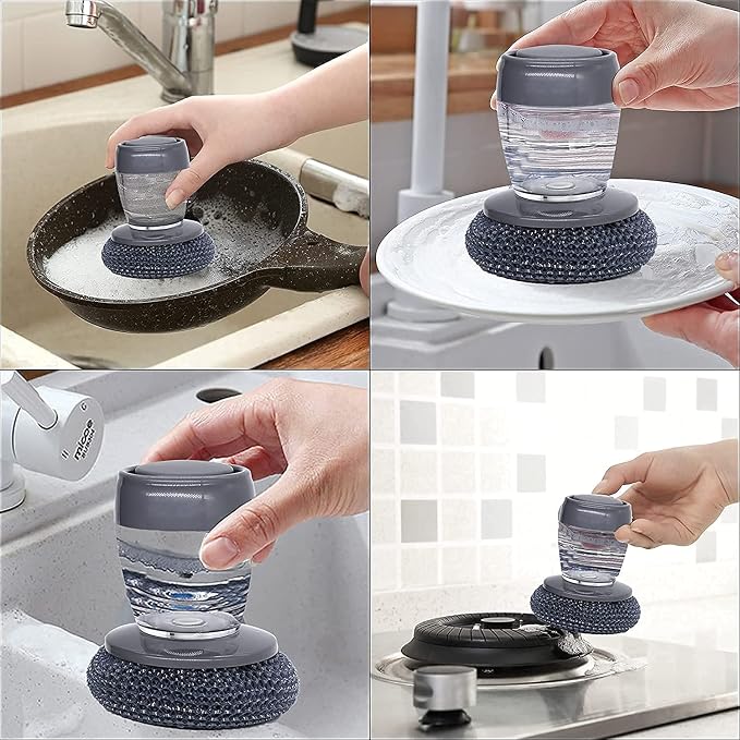 Kitchen Soap Dispensing Palm Brush | Dishwashing Scrubber with Built-in Soap Dispenser