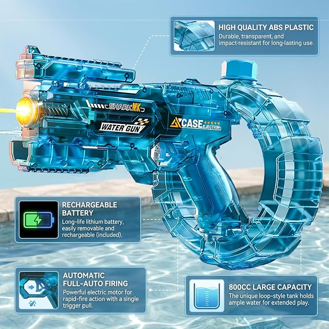 Electric Water Gun for Kids Adults, Automatic Squirt Gun Blaster with 32ft Long Range, LED Light-Up Water Pistol with Rechargeable Battery, One-Button Rapid Fire Toy for Pool, Beach Summer Party