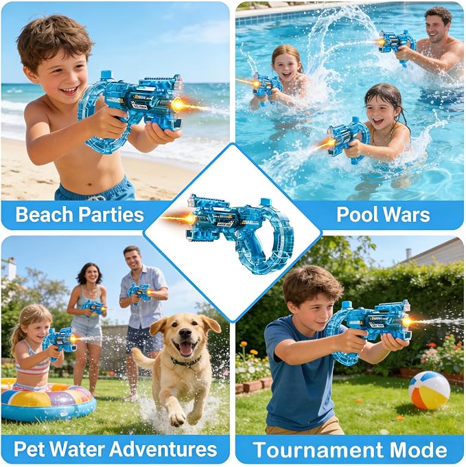 Electric Water Gun for Kids Adults, Automatic Squirt Gun Blaster with 32ft Long Range, LED Light-Up Water Pistol with Rechargeable Battery, One-Button Rapid Fire Toy for Pool, Beach Summer Party