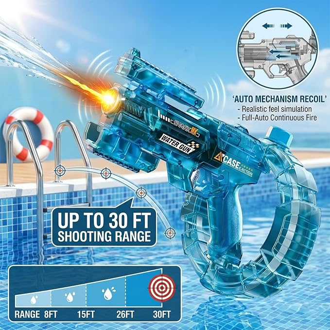 Electric Water Gun for Kids Adults, Automatic Squirt Gun Blaster with 32ft Long Range, LED Light-Up Water Pistol with Rechargeable Battery, One-Button Rapid Fire Toy for Pool, Beach Summer Party