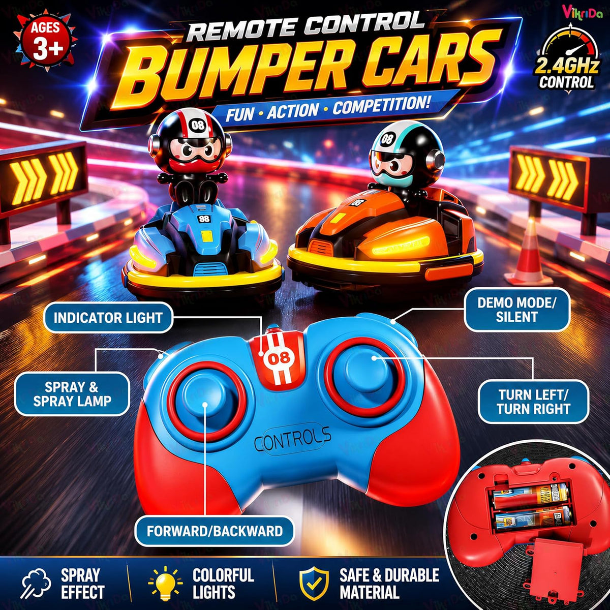 RC Bumper Cars for Toddlers (Pack of 2) | Remote Control Car Toys with Music, Lights & Water Spray – Fun Racing & Interactive Play for Kids