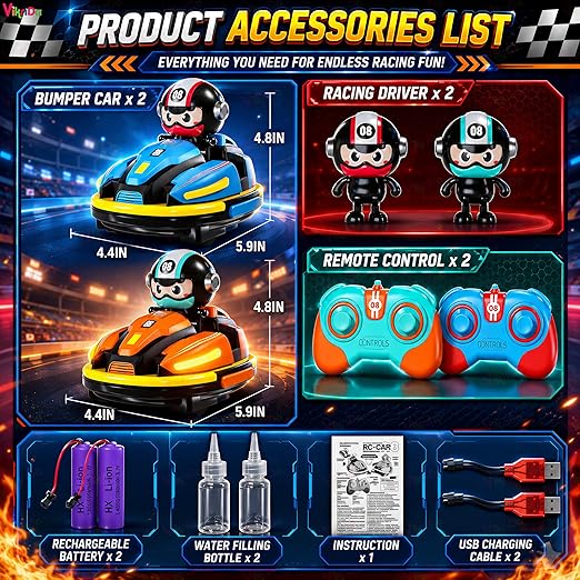 RC Bumper Cars for Toddlers (Pack of 2) | Remote Control Car Toys with Music, Lights & Water Spray – Fun Racing & Interactive Play for Kids