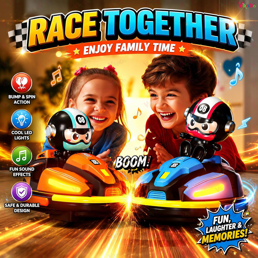RC Bumper Cars for Toddlers (Pack of 2) | Remote Control Car Toys with Music, Lights & Water Spray – Fun Racing & Interactive Play for Kids